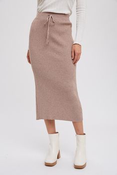 Details A rib knit skirt featuring a waist tie and a center back slit. Content + Care 50% Viscose 28% Polyester 22% Nylon Hand Wash Cold, No Bleach, Low Iron, Do Not Dry Clean, Line Dry Import Size + Fit Length: 33" Measured From: Small Product Code: 88364 Lorna Luxe, Cream Pencil Skirt, Luxe Clothing, Knit Midi Skirt, Quick Outfits, Fashion Catalogue, Knit Midi, Women Skirts Midi