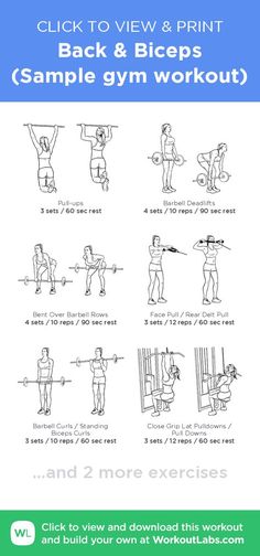 the back and biceps workout guide is shown with instructions for how to do it