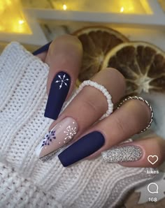 Nails Navy Blue, Nails Navy, Blue Christmas Nails, Blue And Silver Nails, Navy Blue Nails, Holiday Nails Christmas, December Nails, Cute Christmas Nails, Her Nails