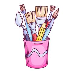 a pink cup filled with lots of different types of paintbrushes and paintsticks