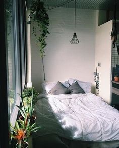 a bed sitting in a bedroom next to a window with plants on the windowsill