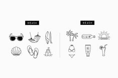 the beach icon set is shown in black and white