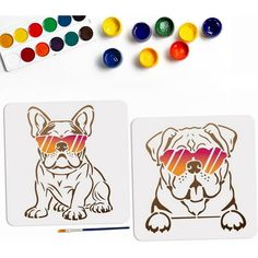 two coasters with dogs wearing sunglasses on them next to paintbrushes and markers