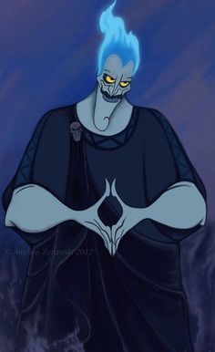 an evil looking man with blue hair and yellow eyes standing in front of a dark background