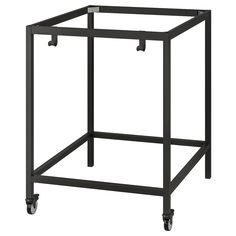 a black metal frame with wheels on an isolated white background for use as a side table