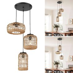 three different views of a dining room light fixture with wicker baskets hanging from the ceiling