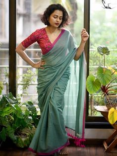 Teal Green Saree, Saree Bengali, Saree Cotton, Cotton Saree Blouse Designs, Cotton Saree Blouse, Blouse Ideas, Cotton Saree Designs, Beautiful Sarees