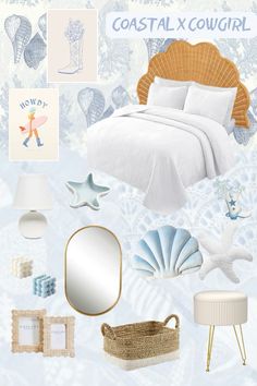 a collage of coastal themed items including a bed, mirror, lamp and sea shell