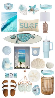 a collage of various items including a surfboard, shells, and other things