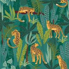 leopards in the jungle with leaves and plants on a green background, seamless