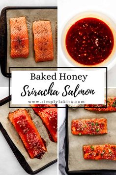 baked honey sriraca salmon on baking sheet with sauce