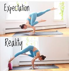 a woman doing yoga poses on a mat with the caption's above it