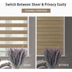 two pictures of the same window with blinds in it and one has flowers on top