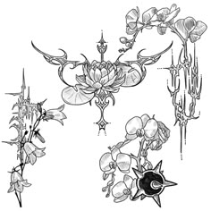 an ink drawing of orchids and other flowers