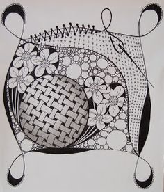 a black and white drawing of a basket with flowers on it's side, in the shape of a heart