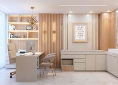 an office with white marble floors and walls