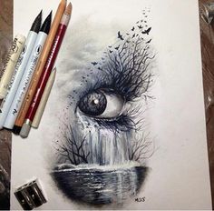 a pencil drawing of an eye and trees