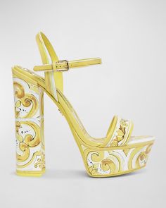 Dolceamp;Gabbana tileprinted leather platform sandals    5.75 in / 145 mm block heel    Open toe    Adjustable ankle strap    Leather outsole    Made in Italy Luxury High Heels, Lady Gaga Fashion, Dress Reference, Heels Aesthetic, Luxury Shoes Women, Kawaii Shoes, Designer High Heels, Boot Jewelry, Tile Print