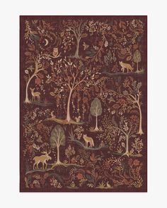 an intricately designed tapestry with deers and trees in the forest, surrounded by foliage