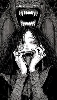 a woman with long hair holding her hands up to her face, and an evil monster above her head