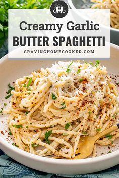 creamy garlic butter spaghetti in a white bowl