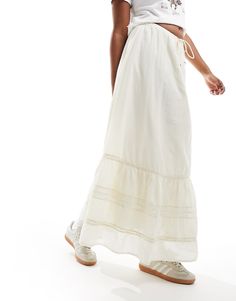 Skirts by Cotton:On Lower-half looks Mid rise Drawstring waist Lace inserts Regular fit Cream Maxi Skirt, Skirt With Lace Trim, Style Moodboard, Prairie Skirt, Eid Outfits, Cream Skirt, Skirt With Lace, Party Mode, Winter Party Dress