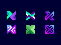 six different types of abstract shapes on a dark background, including the letter x and an x