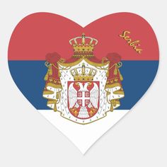 a heart shaped sticker with the coat of arms in front of a red, white and blue background
