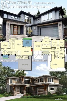 two story house plan with three car garages and an attached living area in the middle