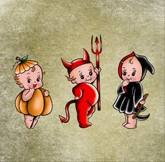 three children dressed up as devil and devilgirls, one holding a pitchfork while the other holds a pumpkin