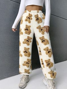 Tween Girl Cute Cartoon Bear Print Plush Lined Ankle Cuff Pants, Soft & Cozy For Casual Home Wear Multicolor    Polyester Animal,Cartoon Jogger Non-Stretch  Tween Girls Clothing, size features are:Bust: ,Length: ,Sleeve Length: Cute Pants Women, Fluffy Pyjama Pants, Pj Pants Aesthetic, Outfit For Home, Mens Night Suit, Cute Comfy Clothes, Teddy Bear Pants, Fluffy Pants, Bear Pants