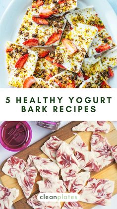 five healthy yogurt bark recipes on a white plate with strawberries and other ingredients