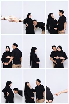 multiple images of people in black clothing posing for the camera with their arms around each other