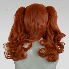 Rhea Copper Red Pigtail Wig Set This Copper Red pigtail wig set uses our 14" Chronos style as a base for two of our 20" clip-on ponytails to create a a fun and versatile pigtail style. The base wig is a short bob cut style that frames the face and can be worn independently, with only one clip, or with both clips. Each 20" ponytail comes with a large alligator claw clips at its base, making it easy to attach onto any portion of the base wig where there is wefting. Clip the ponytails of this Coppe Copper Hair Wig, Copper Ponytail, Red Hair Pigtails, Red Pigtails, Copper Wig With Bangs, Copper Red Wig, Bob Cut Styles, Pigtail Wig, Short Bob Cut