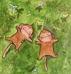 two monkeys playing in the grass with butterflies