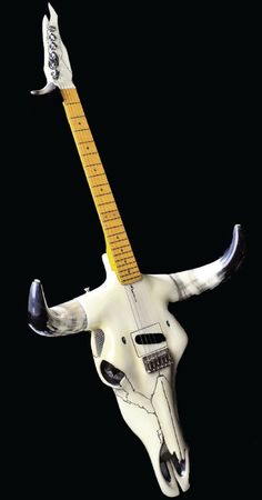 an animal skull with a guitar hanging from it's neck