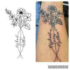 a tattoo design with flowers and words on the left side of the arm is shown