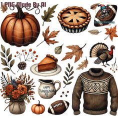 an image of thanksgiving decorations and items for the holiday season, including pies, leaves, pumpkins, acorns and more