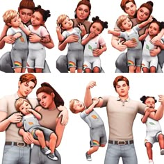 the family is posing for pictures together in different poses, with their arms around each other