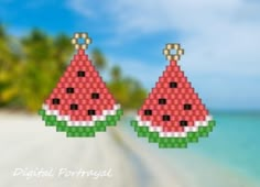 two pieces of pixelated watermelon are hanging from the side of a beach