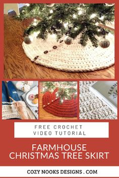 a crocheted christmas tree skirt is shown with the words, free crochet video