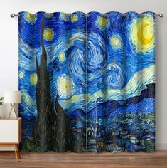 the starry night curtain is shown in this room