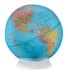 a blue and yellow globe sitting on top of a white stand