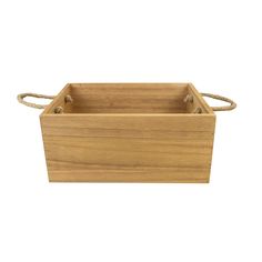 a wooden box with rope handles on the top and bottom, in front of a white background