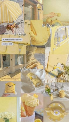 a collage of photos with yellow and white theme including an umbrella, car, flower pot, cupcakes