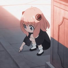 an anime character kneeling down on the ground next to a door and looking at something