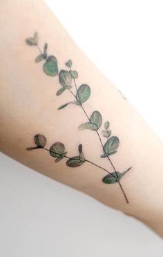 a close up of a person's arm with leaves on it