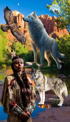 a native american man standing next to two wolfs and an eagle in the sky