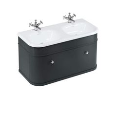 two sinks with faucets on the top and bottom, both in black and white