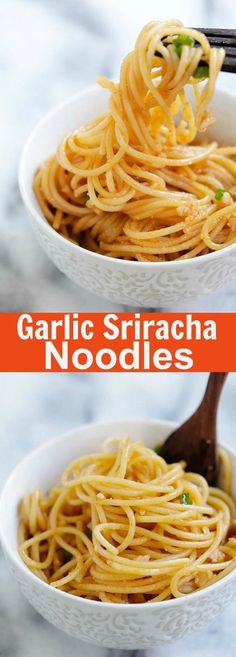 two bowls filled with garlic and noodles